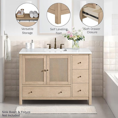 Alaterre Furniture Lucca Bathroom Vanity - Freestanding Cabinet Without Sink - 48 Inch Wood Bathroom Vanity with Large Bottom Drawer, 3 Small Drawers, and Soft-Close Doors (Natural)