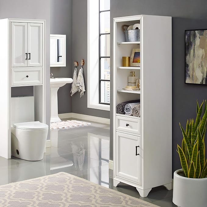 Crosley Furniture Tara Linen Storage Cabinet and Bathroom Organizer with a Drawer and Shelves, Vintage White