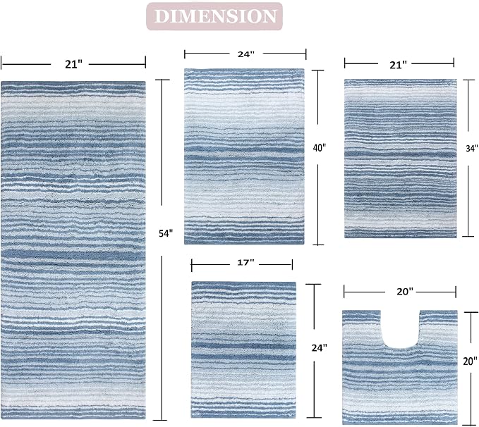 Home Weavers 100% Cotton Gradiation Collection Bathroom Décor | Washable Rug | Bathroom Mat | Kitchen Mat | Bathroom Rug Set | Bath Mat Set | Bath Floor Mat Non Slip, 5 Piece Set with Contour, Blue