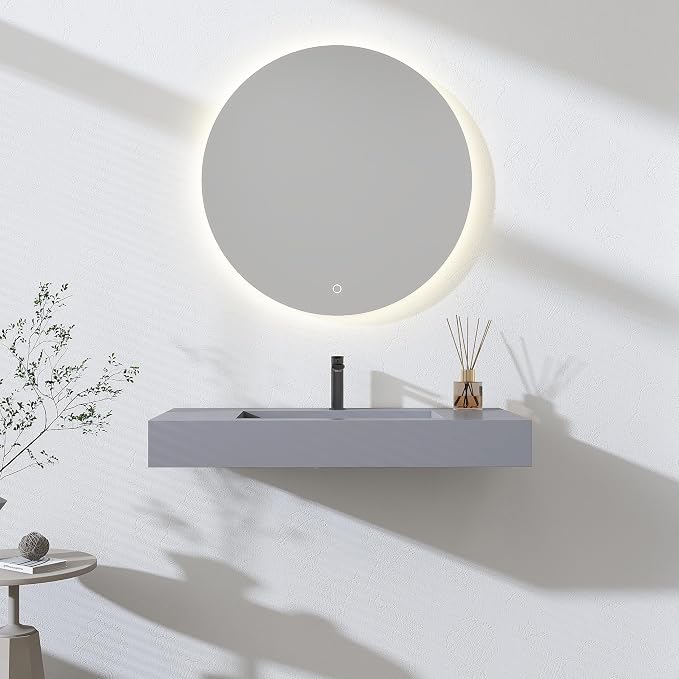 SJ STAR&JANE 35" x 19" in Solid Surface Bathroom Sink, Wall-Mount or Countertop Vessel Sink, Rectangle Floating Vanity Sink in Light Gray, Pre-installed Faucet Holes, Durable Modern Design