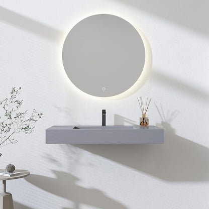 SJ STAR&JANE 35" x 19" in Solid Surface Bathroom Sink, Wall-Mount or Countertop Vessel Sink, Rectangle Floating Vanity Sink in Light Gray, Pre-installed Faucet Holes, Durable Modern Design