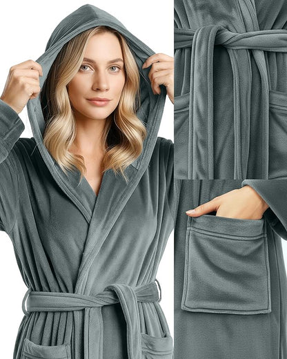 NY Threads Women's Fleece Hooded Bathrobe Plush Long Spa Robe, Medium