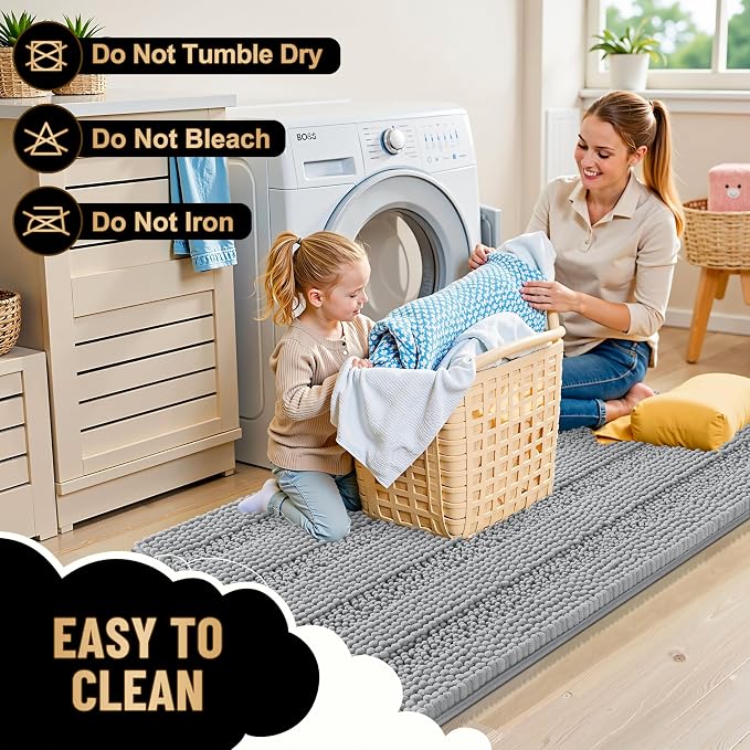 OLANLY Thick Bathroom Runner Rugs 47x24, Chenille Bath Rugs, Light Grey | Absorbent Striped, Rubber Backing, Machine Wash, Long Bath Mats for Bathroom Floor, Tub and Shower, Home Decor Accessories