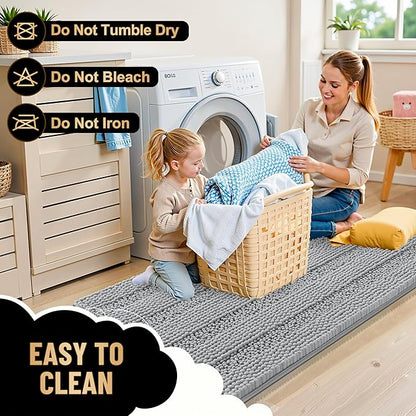 OLANLY Thick Bathroom Runner Rugs 44x24, Chenille Bath Rugs, Light Grey | Absorbent Striped, Rubber Backing, Machine Wash, Long Bath Mats for Bathroom Floor, Tub and Shower, Home Decor Accessories