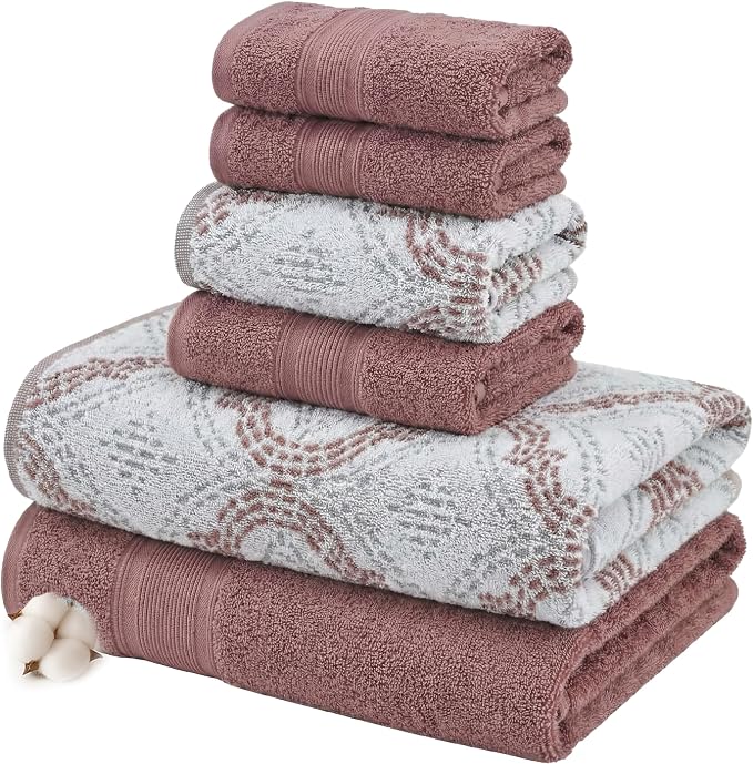 Modern Threads Capri 6-Piece Reversible Yarn Dyed Jacquard Towel Set - Bath Towels, Hand Towels, & Washcloths - Super Absorbent & Quick Dry - 100% Combed Cotton, Rosewood