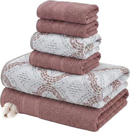 Modern Threads Capri 6-Piece Reversible Yarn Dyed Jacquard Towel Set - Bath Towels, Hand Towels, & Washcloths - Super Absorbent & Quick Dry - 100% Combed Cotton, Rosewood