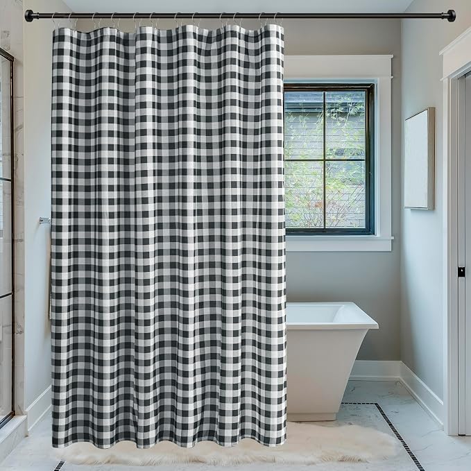 Fabric Shower Curtain-Black & White Farmhouse Shower Curtains for Bathroom | 72"Wx72"L Gingham Buffalo Plaid Neutral Vintage Bath Curtain Decor-Hotel Quality Checkered Geometric Linen Cloth Washable