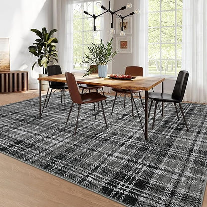Large Area Rug - 10x13 Modern Black/Grey Plaid Rug for Bedroom, Living Room, Dining Room - Soft, Non-Slip, Low Pile, Stain Resistant Carpet