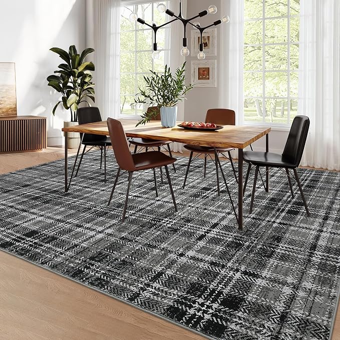 Washable 9x12 Area Rug for Living Room Modern Rugs for Bedroom Black Rug Soft Large Area Rug Non Slip Throw Rugs Low Pile Stain Resistant Carpet for Nursery Dining Room 9'x12' Black/Grey