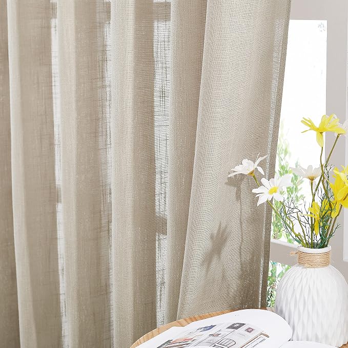 NICETOWN Sheer Curtains 84 inches Long, Linen Textured Rod Pocket & Back Tab Privacy Sheer Drapes with Light Through for Sliding Glass Door & Living Room Taupe, 52" Wide Per Panel, 1 Pair