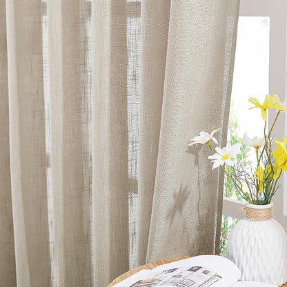 NICETOWN Sheer Curtains 84 inches Long, Linen Textured Rod Pocket & Back Tab Privacy Sheer Drapes with Light Through for Sliding Glass Door & Living Room Taupe, 52" Wide Per Panel, 1 Pair