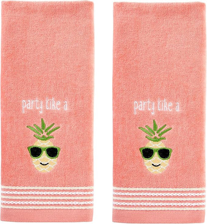 SKL HOME by Saturday Knight Ltd. Party Pineapple 2 Pc Hand Towel Set, Coral Pink | Decorative velour for summer fun & everyday décor. Can be used in the bathroom, kitchen, bar, or any sink space.