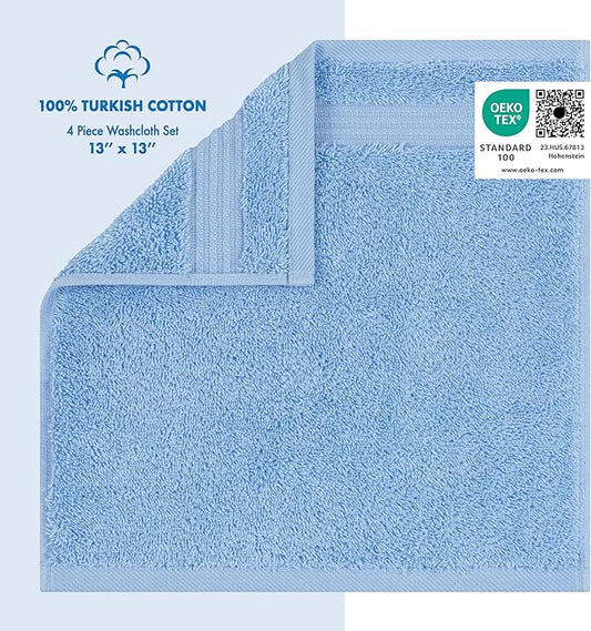 Cotton Paradise 100% Cotton Turkish Washcloth Set for Bathroom, 4 Piece Soft Absorbent Small Towels Wash Rags, Sky Blue