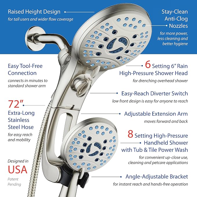 AquaCare 50-mode High Pressure Shower Head Combo with Arm & Dual Power Wash | Hygienic Jets, 2-mode Handheld Power Wash for Tub, Tile & Pets, Long 6 ft. Stainless Steel Hose, Extra Wall Bracket / Nickel