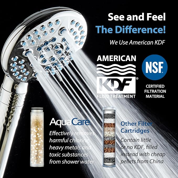 AquaCare 4X 10-Mode High Pressure Hand Shower w/Filter & 2-mode Power Wash | Filters Chlorine & Toxins, Softens Hard Water for Healthy Skin & Hair. Handheld Power Head Cleans Tub, Tile & Pets / Chrome
