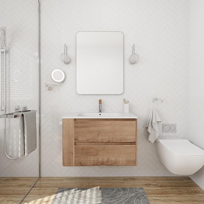 Henf Modern 30" Wall Mounted Bathroom Vanity with White Gel Sink, 2 Soft Close Drawers & Open Storage Shelf, Oak