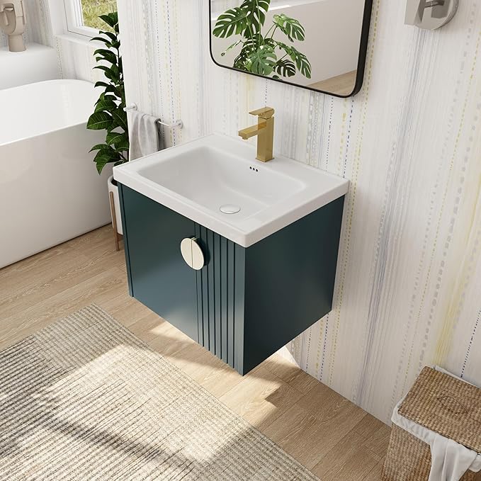 SSLine 24" Wall-Mount Bathroom Vanity Modern Floating Bathroom Vanity Set with Ceramic Sink Basin & Storage Cabinet 24-Inch Luxury Green Small Bathroom Vanities with Round Metal Handles