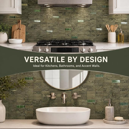 XUANINY Peel and Stick Tile Backsplash Self- Adhesive Wall Tiles Aluminum Mosaic Sticker for Kitchen (11.33"x11.92" Per Sheet, Pack of 10 pcs) (Ink Green 10)