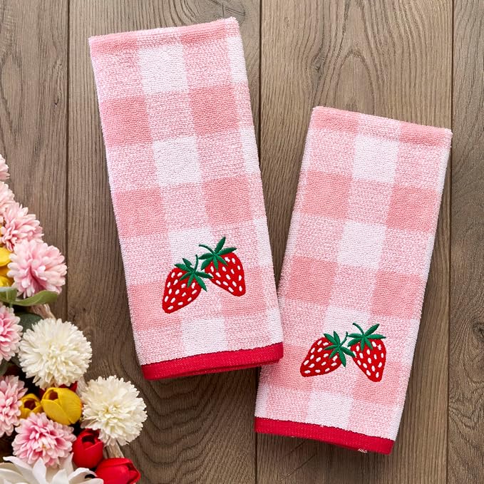 SKL Home Buffalo Plaid Strawberry Hand Towel Set-2pc, 100% Cotton, Pink | Plush & absorbent terry. For use in the bathroom, kitchen or bar. Great for spring, summer & year-round décor.