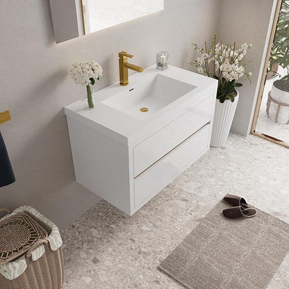 Modern 36" Wall-Mounted Bathroom Vanity with Sink | Floating Storage Cabinet, Stone Resin Countertop, Soft Close Drawers | Glossy White