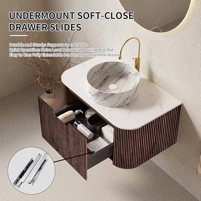 Yayzy 60" Floating Bathroom Vanity with Sink, Solid Wood Fluted Cabinet, White Marble-Patterned Ceramic Basin & Faux Marble Top, Soft-Close Drawer, Pre-Assembled, Walnut Woodgrain