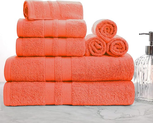 Superior Ultra-Soft 8-Piece Cotton Towel Set, Includes 2 Bath Towels, 2 Hand Towels, and 4 Washcloths, Daily Use Towels for Home, Bathroom, Guest Bath Room, Essential Quick Dry - Tangerine