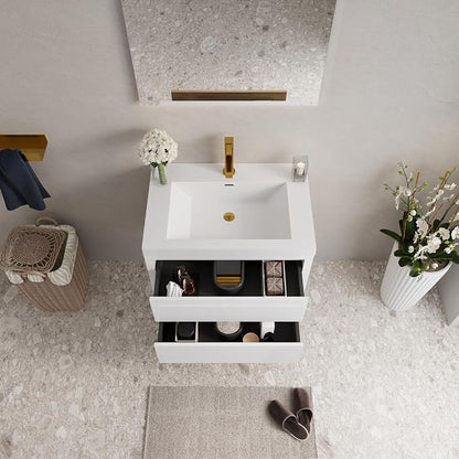 Modern 30" Wall-Mounted Bathroom Vanity with Sink | Floating Storage Cabinet, Stone Resin Countertop, Soft Close Drawers | Glossy White
