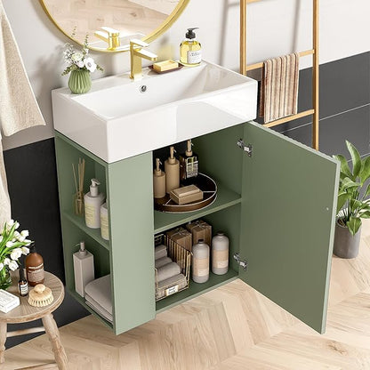 21.6 in Floating Bathroom Vanity with Sink,Soft Closing Doors,Solid Wood Frame & MDF Modern Single Small Green Bathroom Vanity Cabinet with Open Shelf,Wall Mounted
