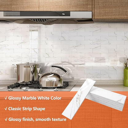80-Piece Glossy Calacatta Gold Marble Thick PVC Peel and Stick Backsplash, 2" x 8" Waterproof Subway Tile Peel and Stick Wall Tiles for Kitchen and Bathroom