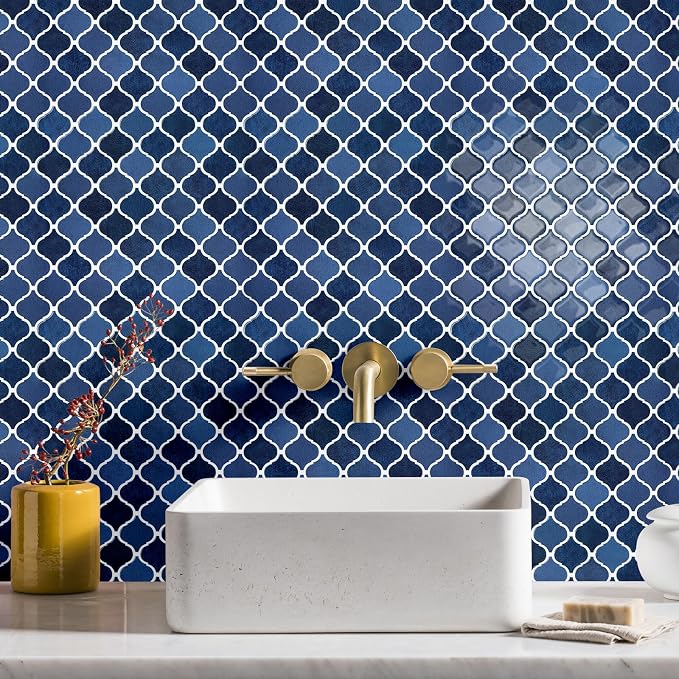 STICKGOO Arabesque Peel and Stick Backsplash, 12”X12” Backsplash Tile for Kitchen Peel and Stick, Self Adhesive Wall Tile Stick on Tiles (Ceramic Blue)