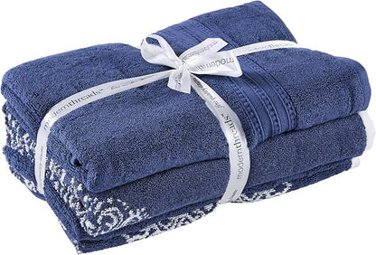 Modern Threads 6-Piece 100% Cotton Damask Medallion Towel Set, Navy | Highly Absorbent, Soft & Plush, Quick-Drying, 550 GSM, Color-Rich Yarn-Dyed Design, OEKO-TEX Certified