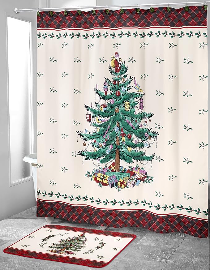 Spode - Fabric Shower Curtain, Holiday Bathroom Decor Christmas Tree Tartan Collection, 72"