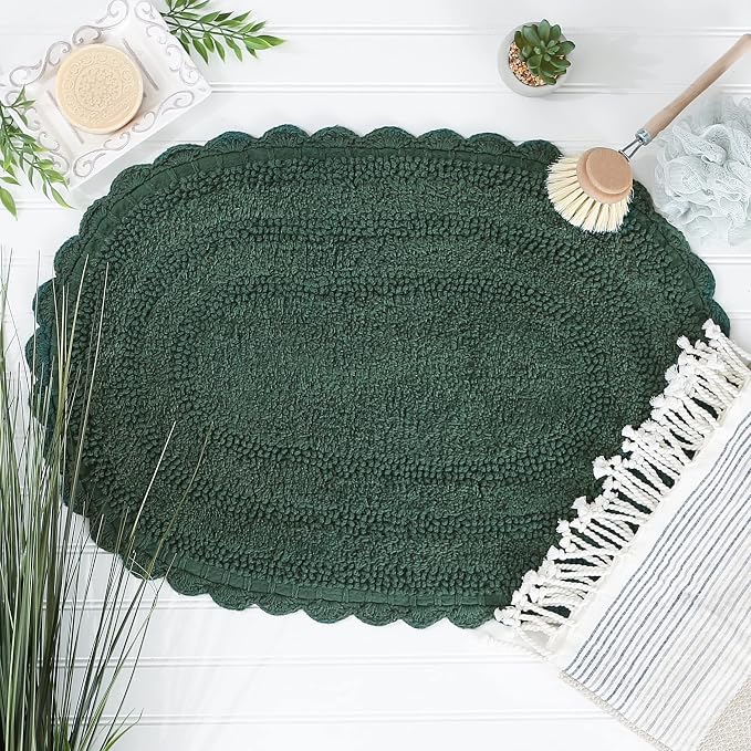 DII Crochet Collection Reversible Bath Mat, Small Oval, 17x24, Dark Green