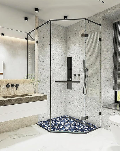 Pebble Ceramic Tiles 5 Sheets, Heart-Shaped 12x12 Floor Tile Ceramic, Dark Blue Mosaic Tiles Mesh Mounted, Waterproof Porcelain Tile Decorative for Kitchen Bath Backsplash Shower Floor Pool