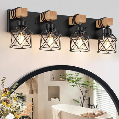 FadimiKoo 4-Light Bathroom Vanity Light Fixtures, Black Bathroom Lighting | Rustic Wood & Black Metal Shade, Wood Bathroom Lighting Fixtures Over Mirror, Wall Sconces for Bathroom Bedroom Living Room
