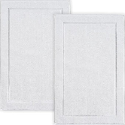 Hawmam Linen White Bath Mats, 21 x 34 inches, Pack of 2-100% Ring Spun Cotton,[Not a Bathroom Rug] Banded Design, Highly Absorbent, Machine Washable for Bathroom Floor Towel