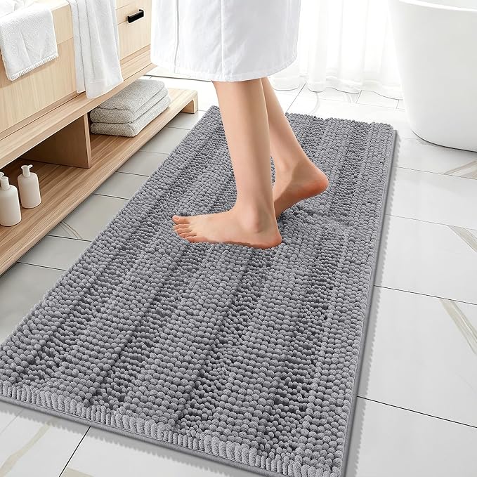 OLANLY Thick Bathroom Runner Rugs 47x20, Soft Chenille Long Bath Rugs, Grey | Absorbent Striped, Rubber Backing, Machine Wash, Bath Mats for Bathroom Floor, Tub and Shower, Home Decor Accessories