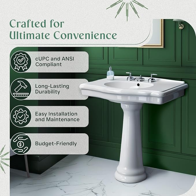 Renovators Supply Manufacturing Darbyshire 34"W x 22.5" D x 32" H Large Bathroom Pedestal Sink. Vitreous China with Overflow, 8 in. Widespread Faucet Holes