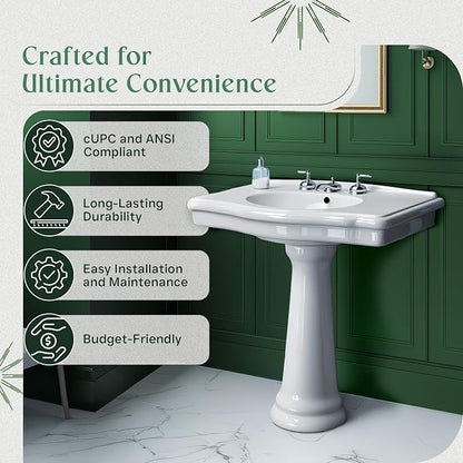 Renovators Supply Manufacturing Darbyshire 34"W x 22.5" D x 32" H Large Bathroom Pedestal Sink. Vitreous China with Overflow, 8 in. Widespread Faucet Holes