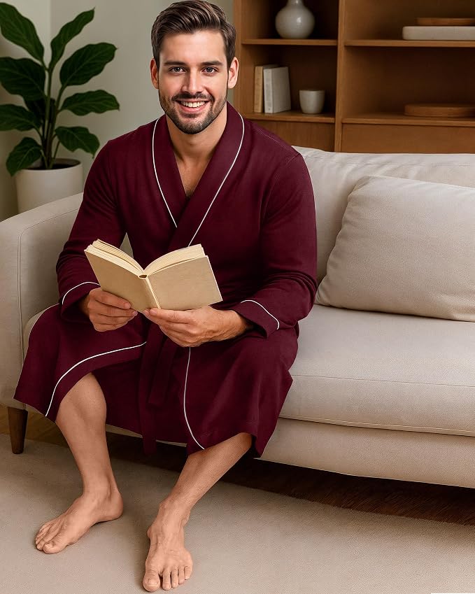 Cotton Blend Lightweight Knit Robe for Men Soft Loungewear Bathrobe