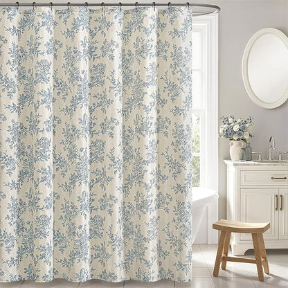 Extra Long Linen Blue Floral Shower Curtain W72*L90 Inches | Linen Textured Fabric, 12 Rustproof Metal Hooks, Wrinkle Resistant Cloth, Machine Washable, Bathroom Decor for Cottage Core