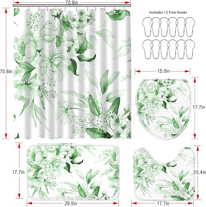 16 Pcs Sage Green Floral Shower Curtain Set with Rugs, Flower Bath Curtains and High Absorbent Non-Slip Mats, Thick 120GSM Fabric Curtain with 12 Metal Hooks (72x72 Inch)