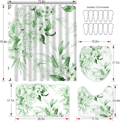 16 Pcs Sage Green Floral Shower Curtain Set with Rugs, Flower Bath Curtains and High Absorbent Non-Slip Mats, Thick 120GSM Fabric Curtain with 12 Metal Hooks (72x72 Inch)
