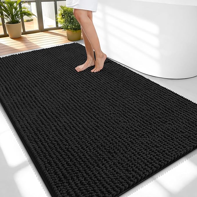 OLANLY Thick Chenille Large Bathroom Rugs 59x35, Absorbent Bath Mat, Black | Soft Bath Rugs, Rubber Backing, Machine Wash Dry, Bath Mats for Bathroom, Tub and Shower, Home Decor Accessories