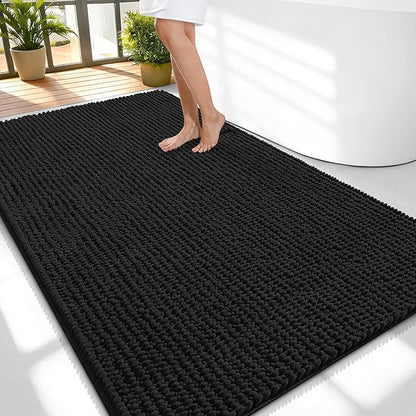 OLANLY Thick Chenille Large Bathroom Rugs 59x35, Absorbent Bath Mat, Black | Soft Bath Rugs, Rubber Backing, Machine Wash Dry, Bath Mats for Bathroom, Tub and Shower, Home Decor Accessories