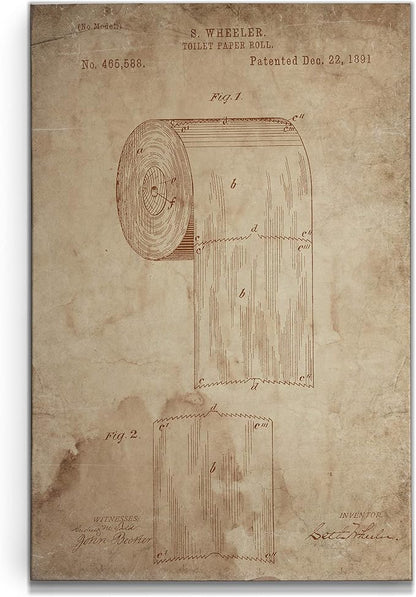 Renditions Gallery Toilet Paper Patent Drawing Gallery Wrapped Canvas Wall Art, 24x36, Vintage