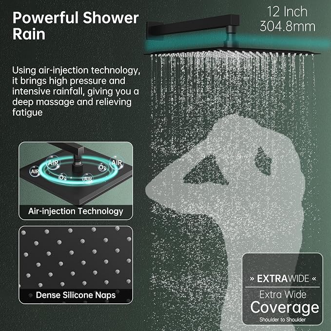 Hoimpro 12 Inch Rainfall Shower Faucet with 4 Full Body Shower Jet Fixtures Combo, Shower System Set with Rain Mixer Shower Head and Brass 2 in 1 Spray Handheld Showerhead, Wall Mounted, Matte Black