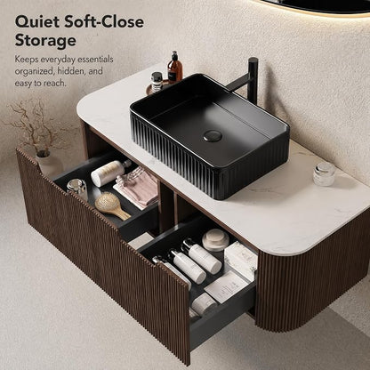 48 Inch Bathroom Vanity with Sink, Floating Wall Mounted Single Sink Vanity, Dark Walnut Curved Fluted Front, Stone Top, Black Textured Rectangular Vessel Basin, Pre-Assembled