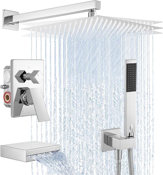 KES Shower Faucet Set, Rain Shower System, Bathtub Faucet, Tub and Shower Faucet Combo, 12 Inch Rain Shower Head System with Handheld and Waterfall Tub Spout, Polished Chrome, XB6305F18S12-CH
