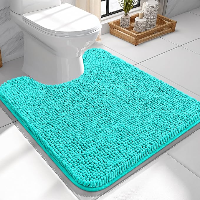 OLANLY Toilet Rugs U-Shaped 24x24, Soft Absorbent Chenille Contour Rugs | Teal, Quick-Drying Rubber Backing, Machine Washable Non-Slip Shaggy Bathroom Mat for Toilet, Home Decor Accessories